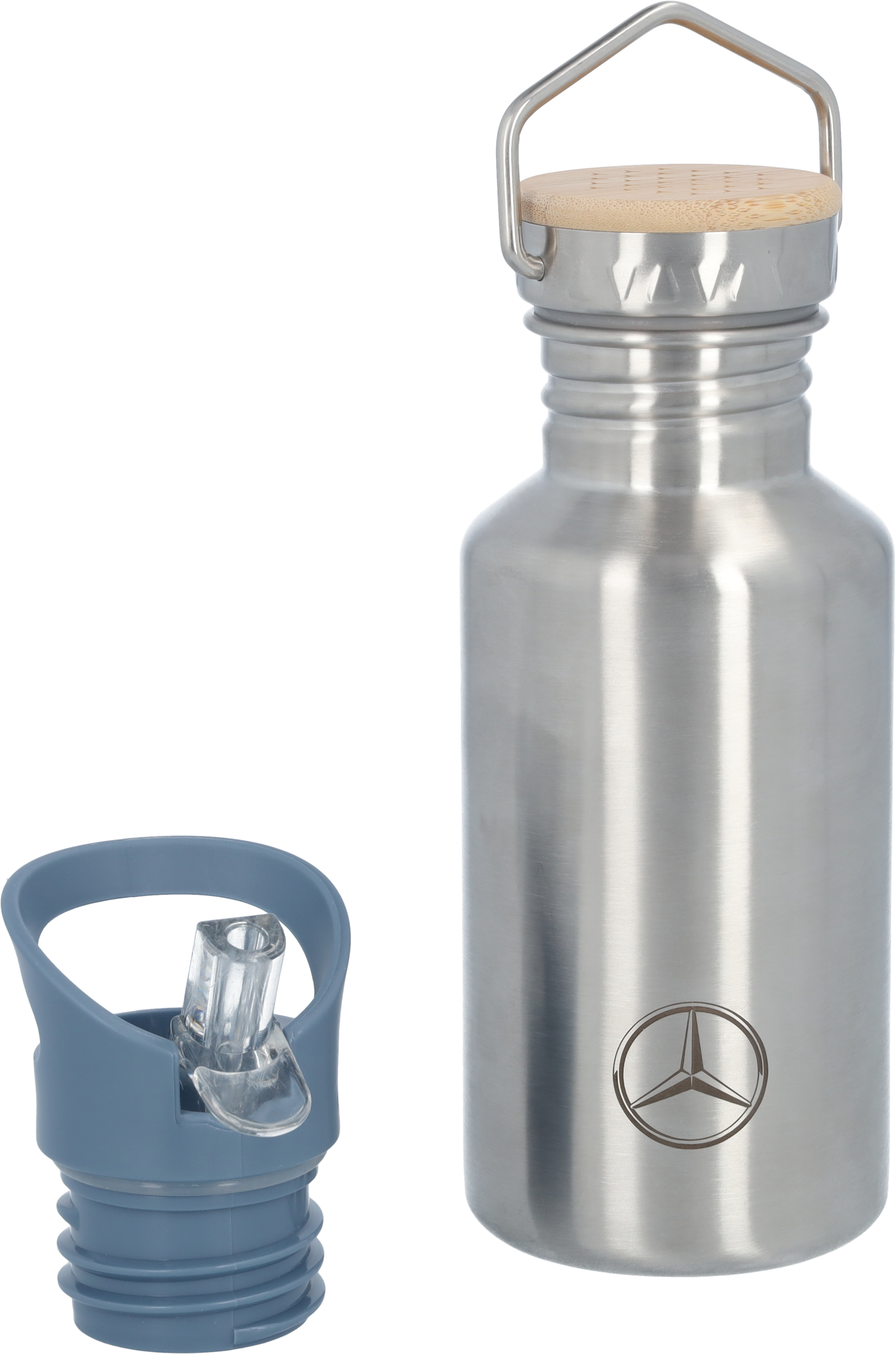 Drickflaska barn, Mercedes-Benz - silverfärg / blå, Rostfritt stål / Bambu / Polypropylen, Cool