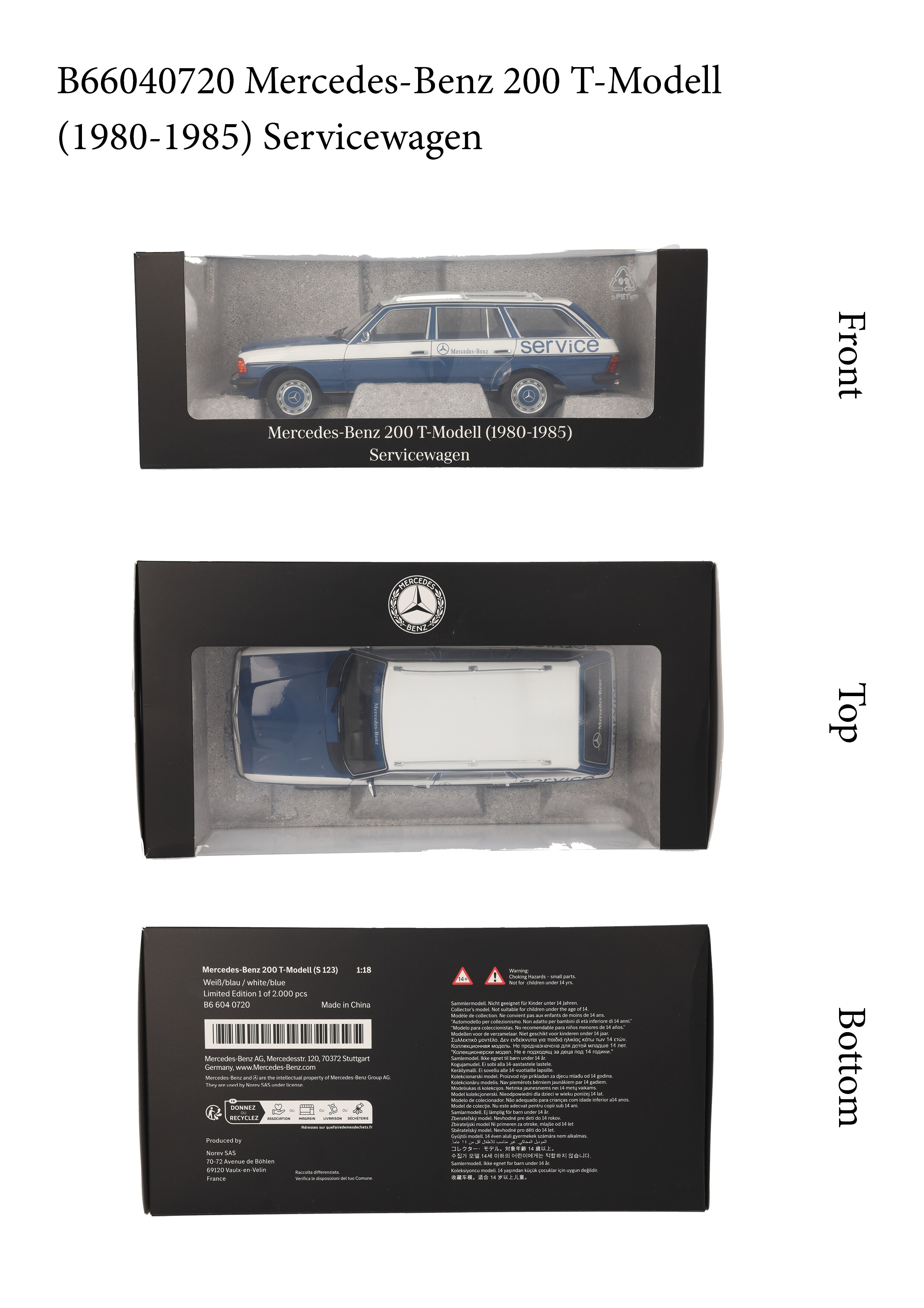 200 Kombi S123 (1980–1985), Servicebil - blå, Norev, 1:18