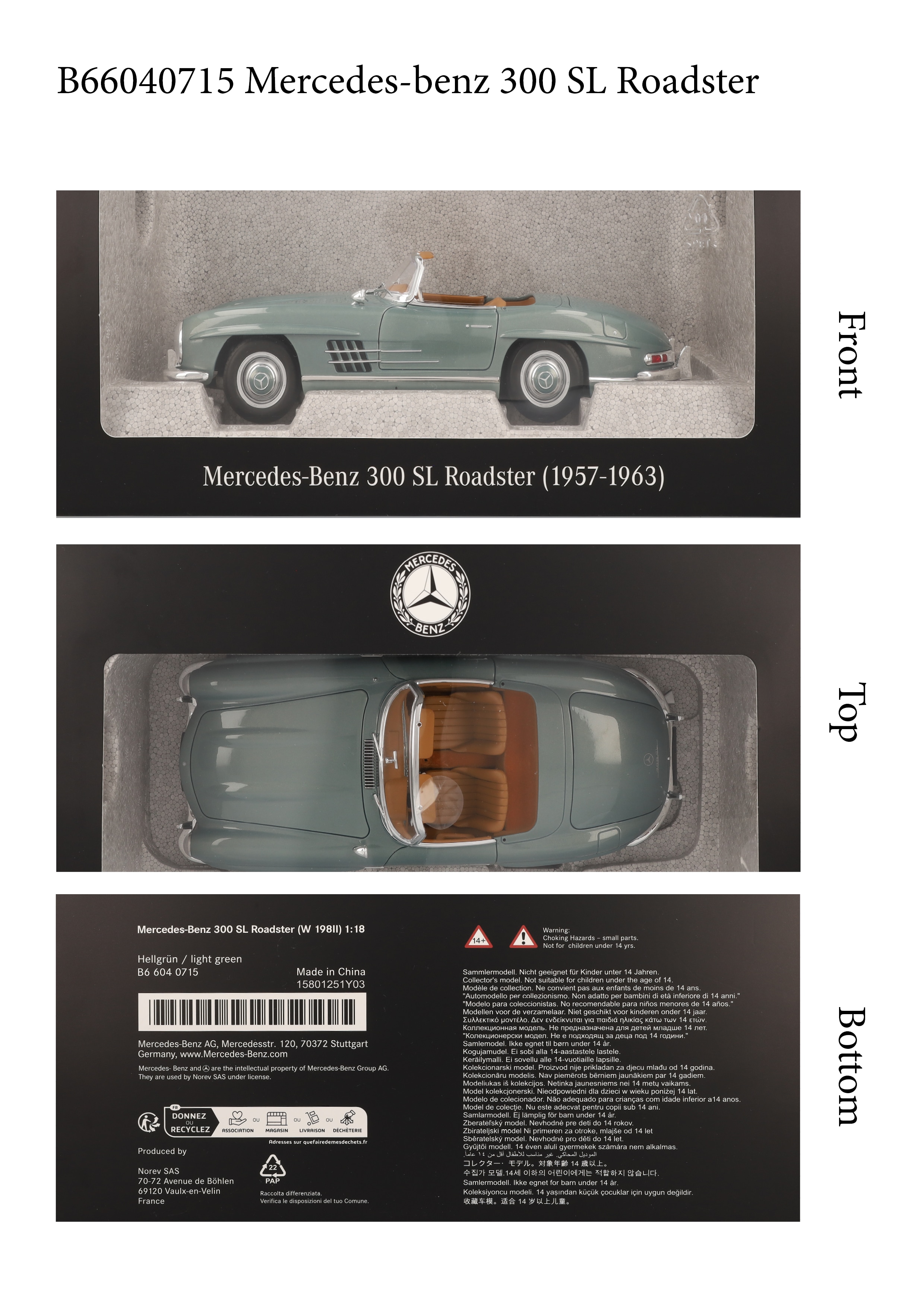 300 SL Roadster W 198 II (1957–1963) - ljusgrön, Norev, 1:18