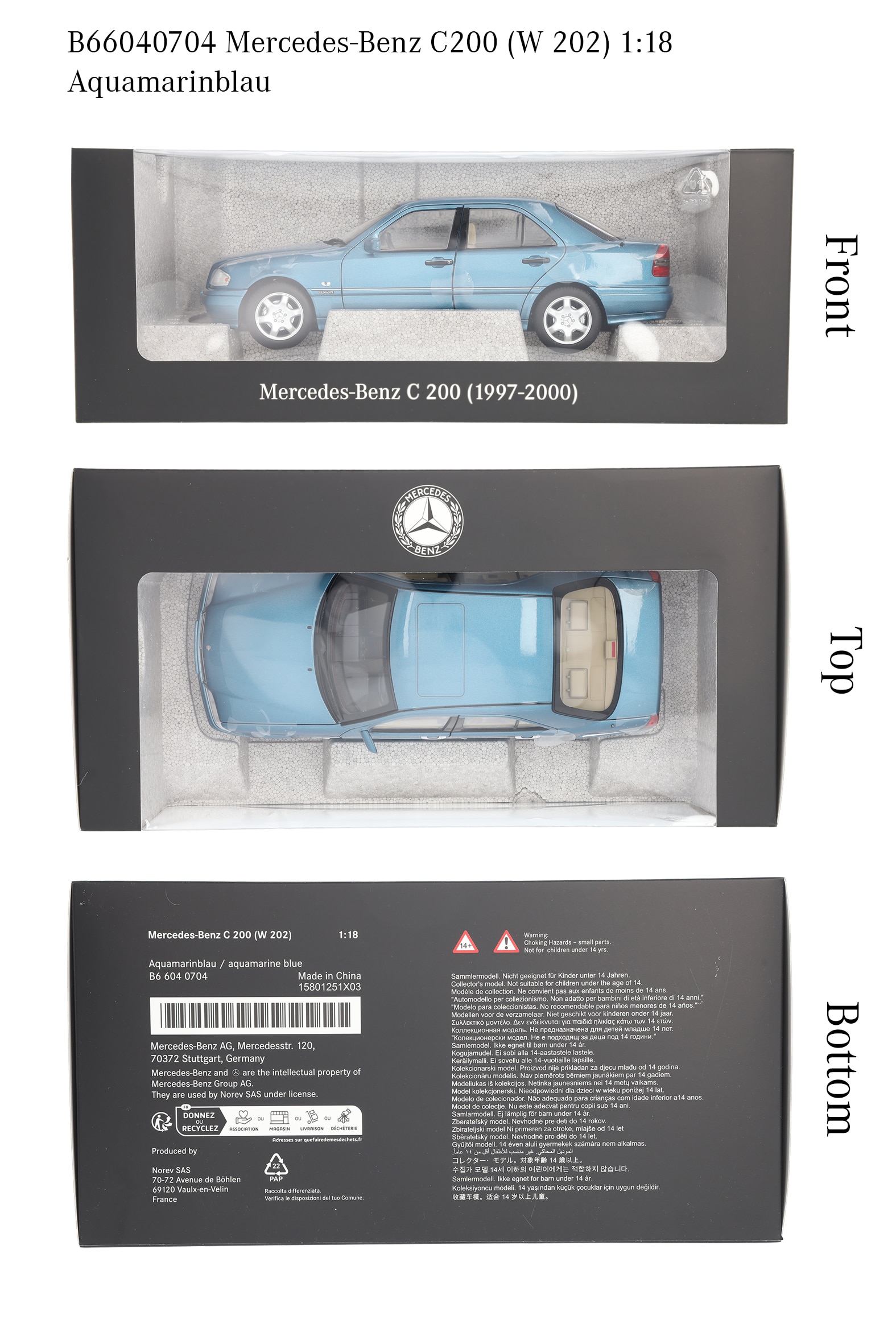 C 200 Sedan W 202 (1997–2001) - akvamarinblå, Norev, 1:18