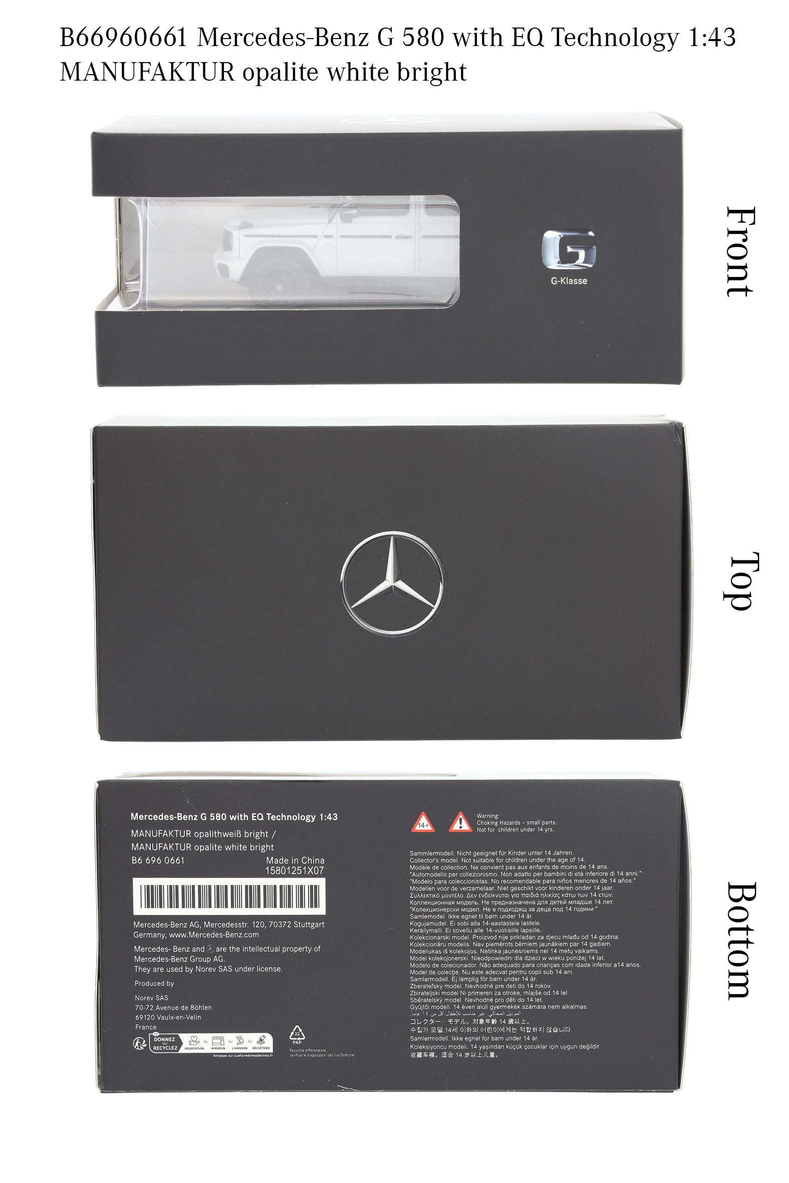 G 580 med EQ-teknik, Terrängbil, AMG Line, N465 - MANUFAKTUR opalitvit bright, Norev, 1:43