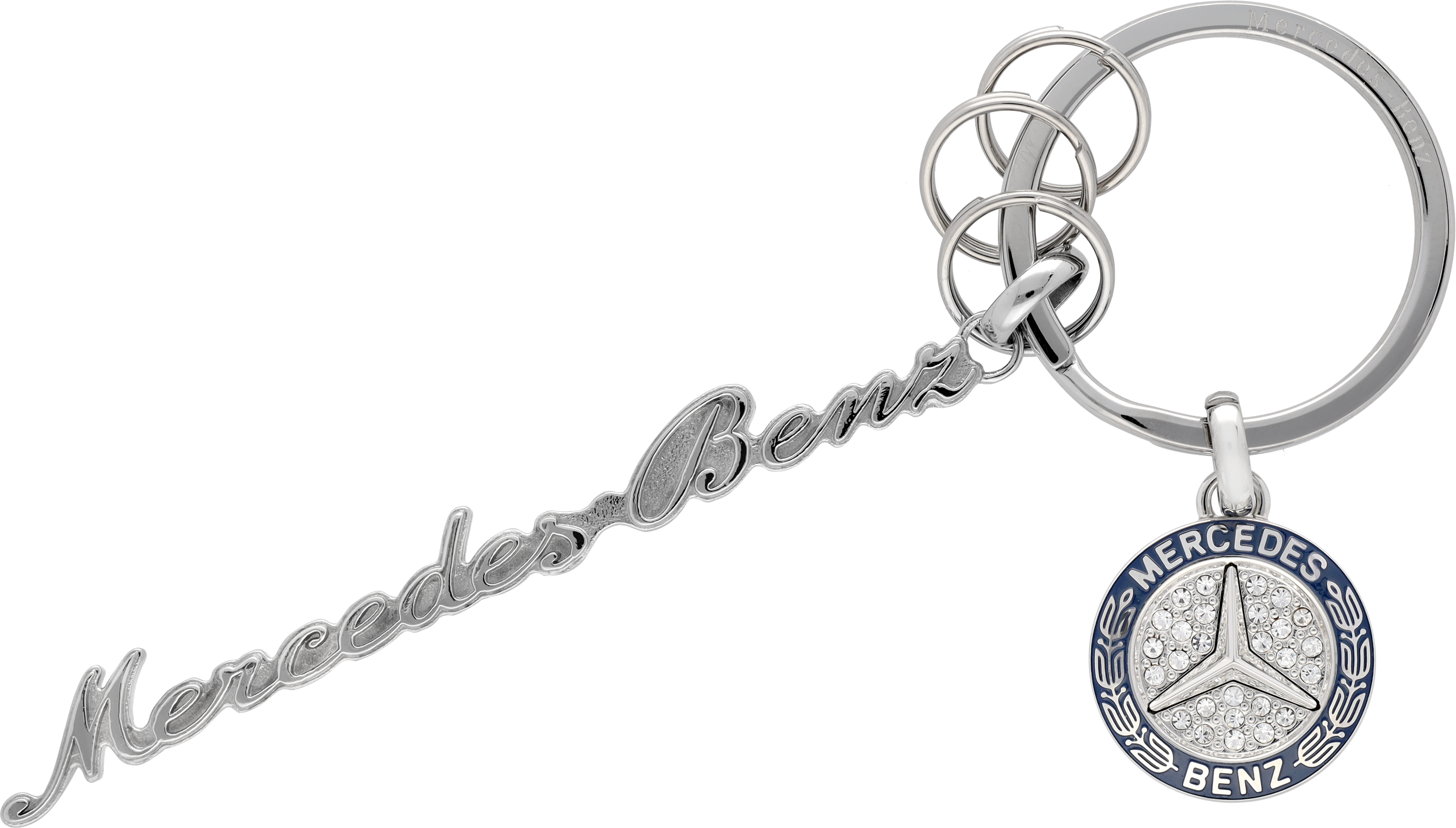 Nyckelringar, Mercedes Classic-inskrift - silverfärg / blå, Rostfritt stål / Kristallglas, polerad