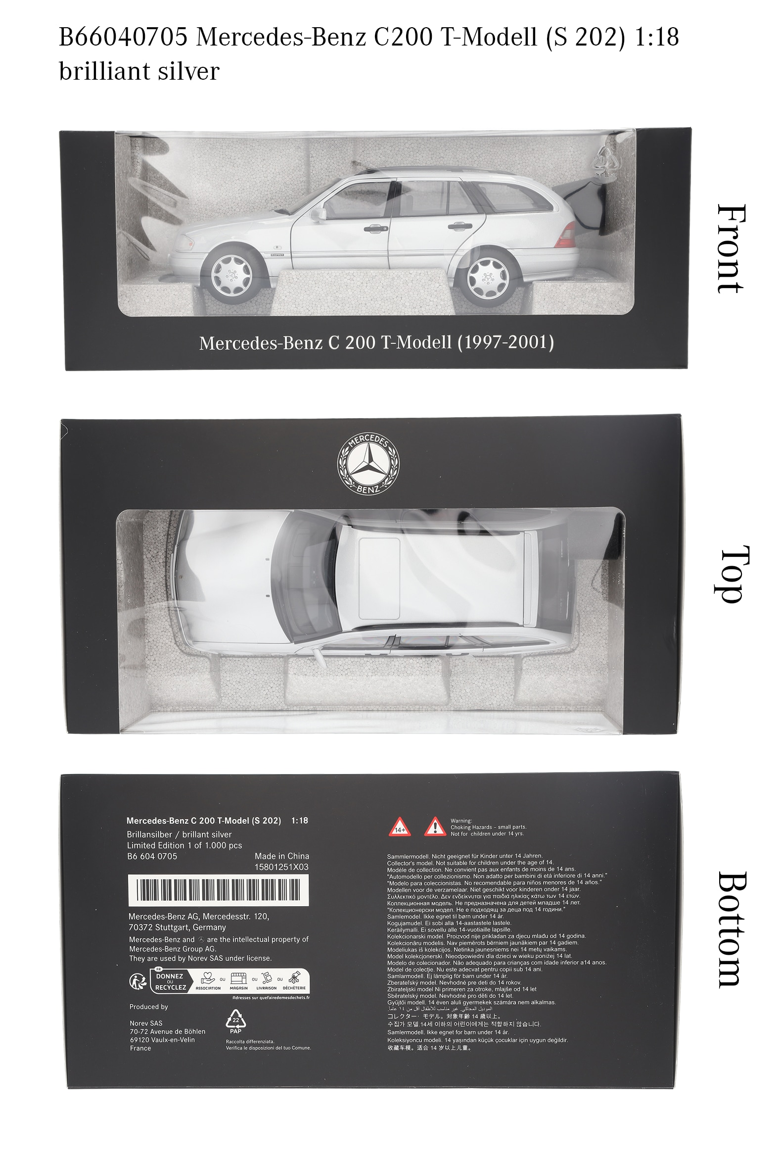 C 200 Kombi S 202 (1997–2001) - briljantsilver, Norev, 1:18