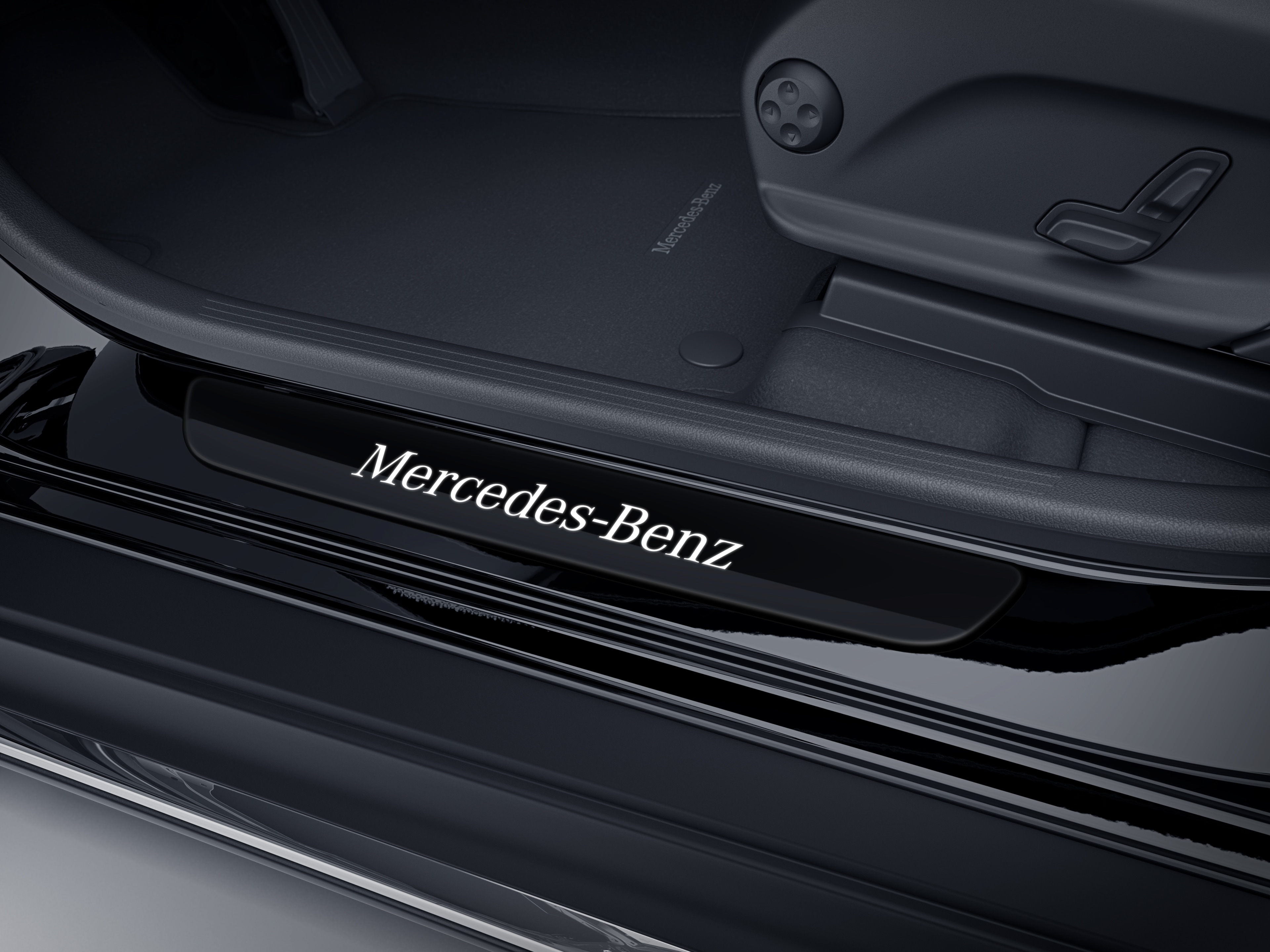 Utbytbart skydd för belyst instegslist, Mercedes-Benz, fram, 1 st. - Rostfritt stål, svart / vit, glänsande